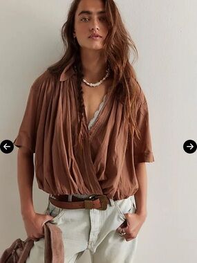 Free People Brown Draped Surplice Short Sleeve Blouse